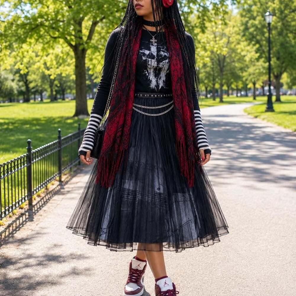 S-DEER Black Sheer Tulle Midi Skirt with Graphic Print